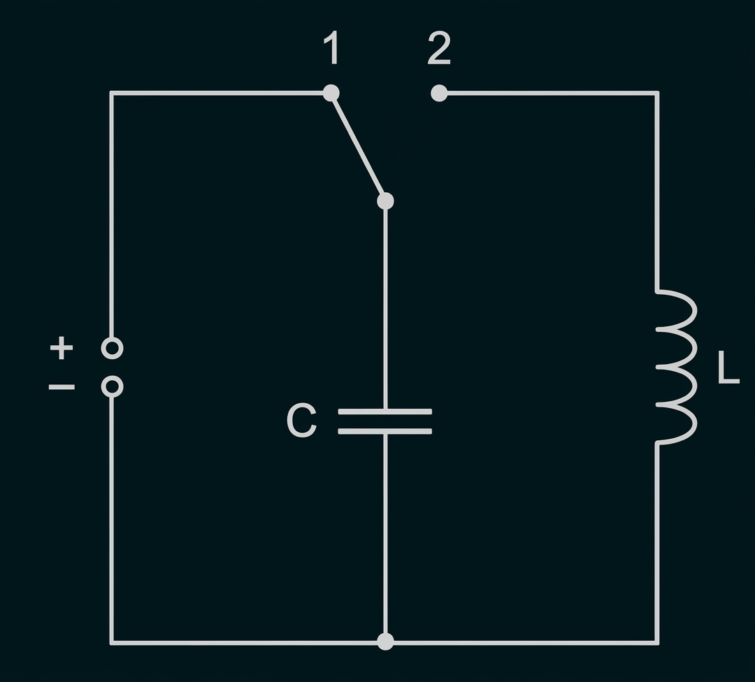 Einfacher Schaltplan: Batterie links, Schalter mit Positionen 1/2 oben, Kondensator C zur Masse, Spule L rechts.
