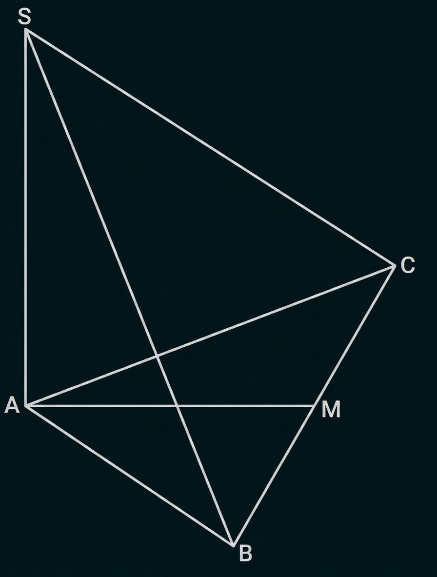 Dreiecksdiagramm mit Punkten S, A, B, C und M, verbundenen Seiten und einer horizontalen Strecke AM.