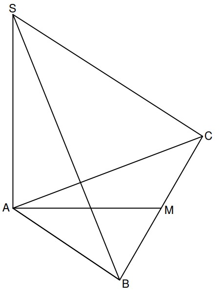 Dreiecksdiagramm mit Punkten S, A, B, C und M, verbundenen Seiten und einer horizontalen Strecke AM.