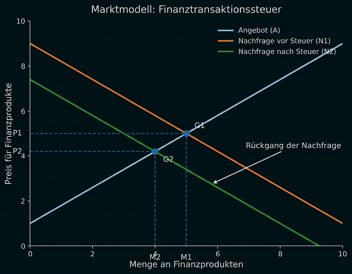 Diagramm zu Angebot und Nachfrage bei Finanztransaktionssteuer mit Marktpunkten G1 und G2