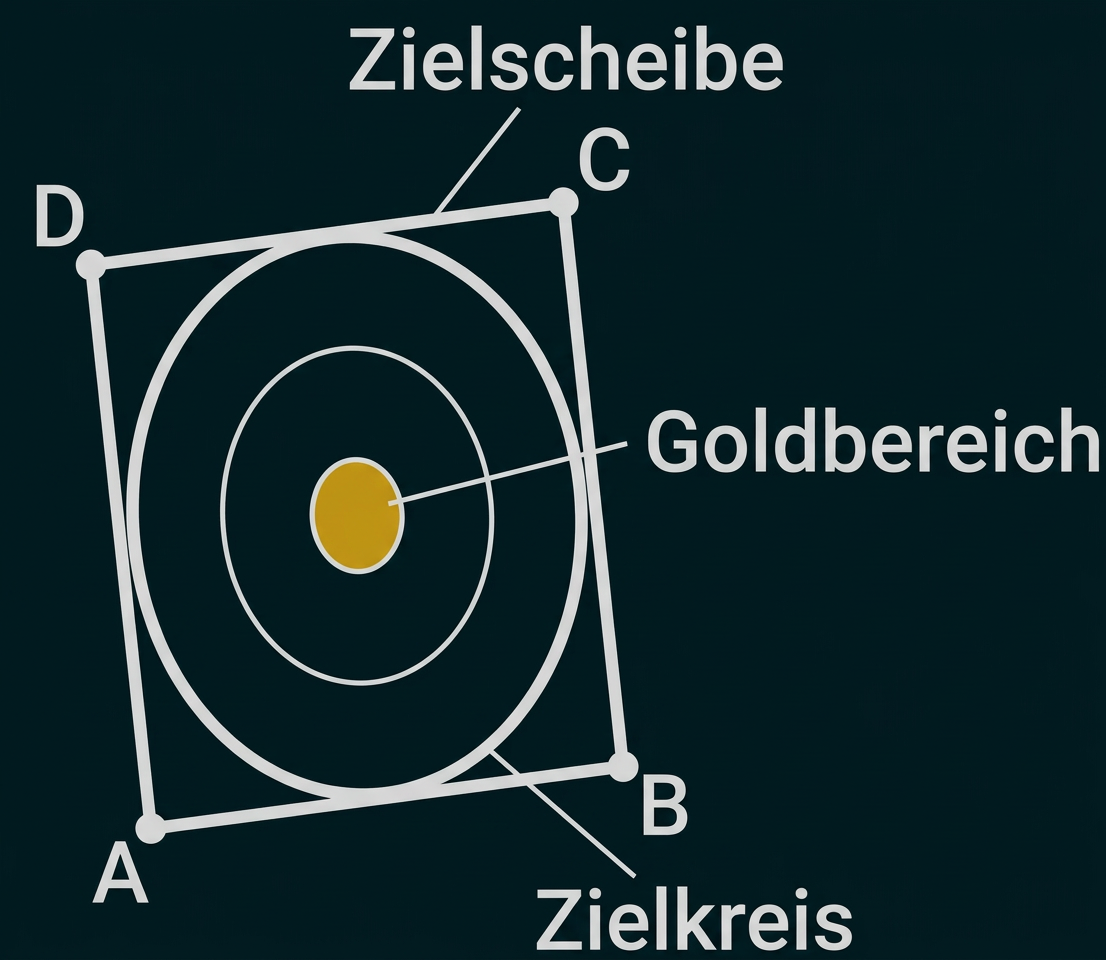 Skizze einer Zielscheibe mit Goldbereich und Zielkreis in einem Viereck mit den Eckpunkten A, B, C und D.
