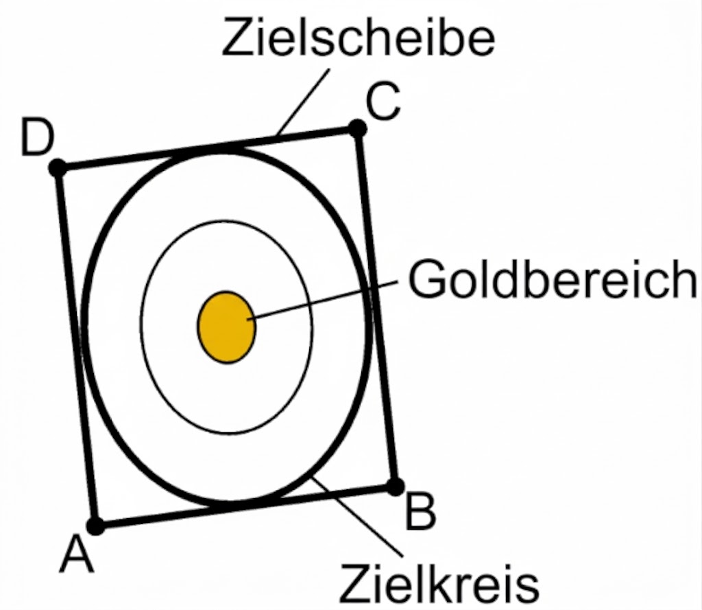 Skizze einer Zielscheibe mit Goldbereich und Zielkreis in einem Viereck mit den Eckpunkten A, B, C und D.
