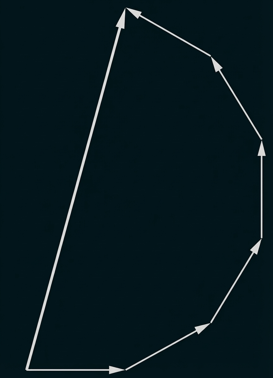 Unregelmäßiges Polygon aus dünnen grauen Linien mit Pfeilspitzen auf weißem Hintergrund.
