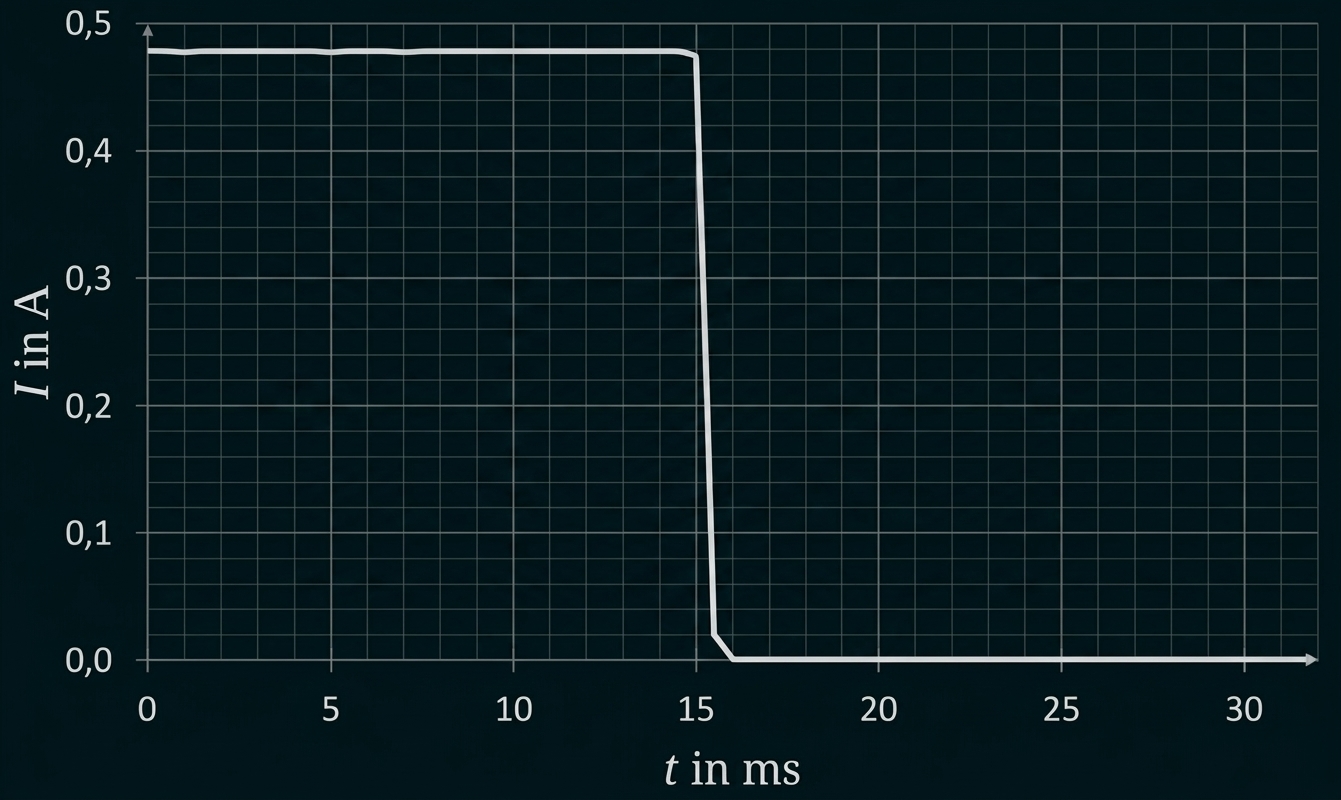 Strom-Zeit-Diagramm mit konstantem Strom und plötzlichem Abfall auf null.