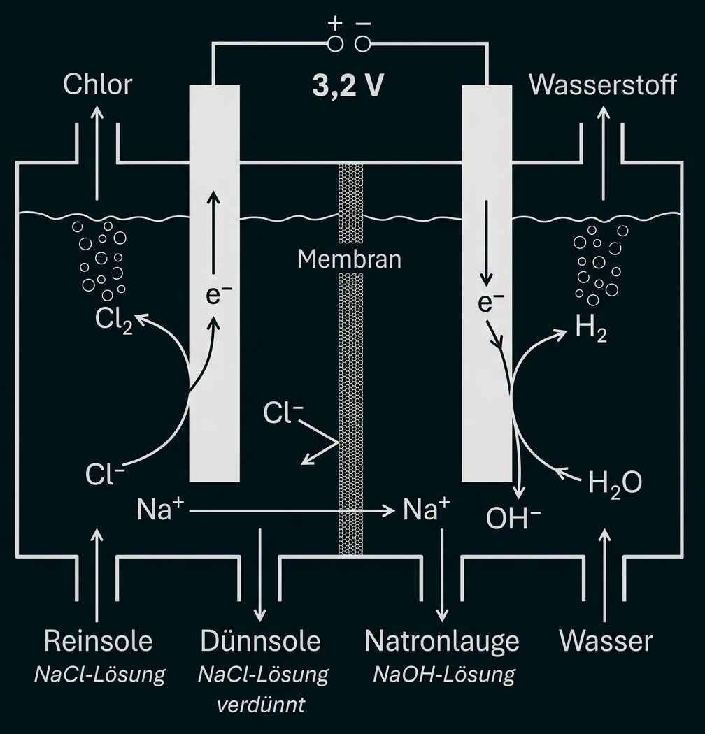 Schema der Chloralkali-Elektrolyse mit Membran, Chlor-, Wasserstoff- und Natronlauge-Bildung