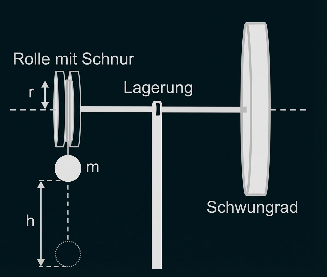 Diagramm: Masse m an Schnur an Rolle (Radius r), Achse mit Lagerung verbindet zu Schwungrad; Höhenangabe h.