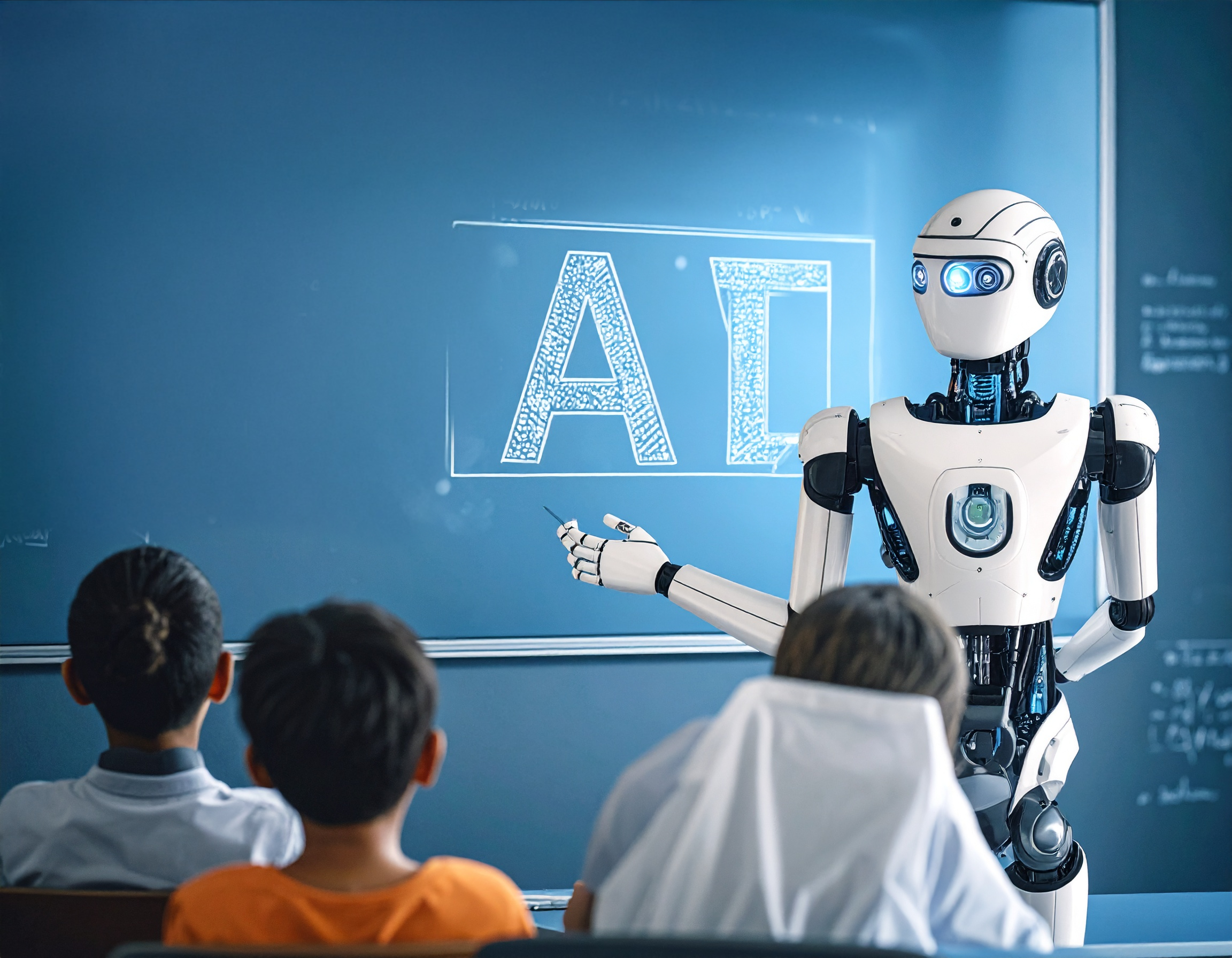 Robot unterrichtet Schüler über Künstliche Intelligenz vor einer Tafel.