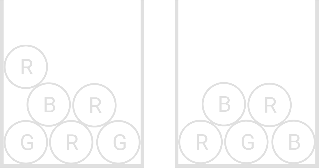 Zwei nebeneinander stehende Behälter mit gestapelten Kugeln, jeweils mit den Buchstaben R, B und G beschriftet.
