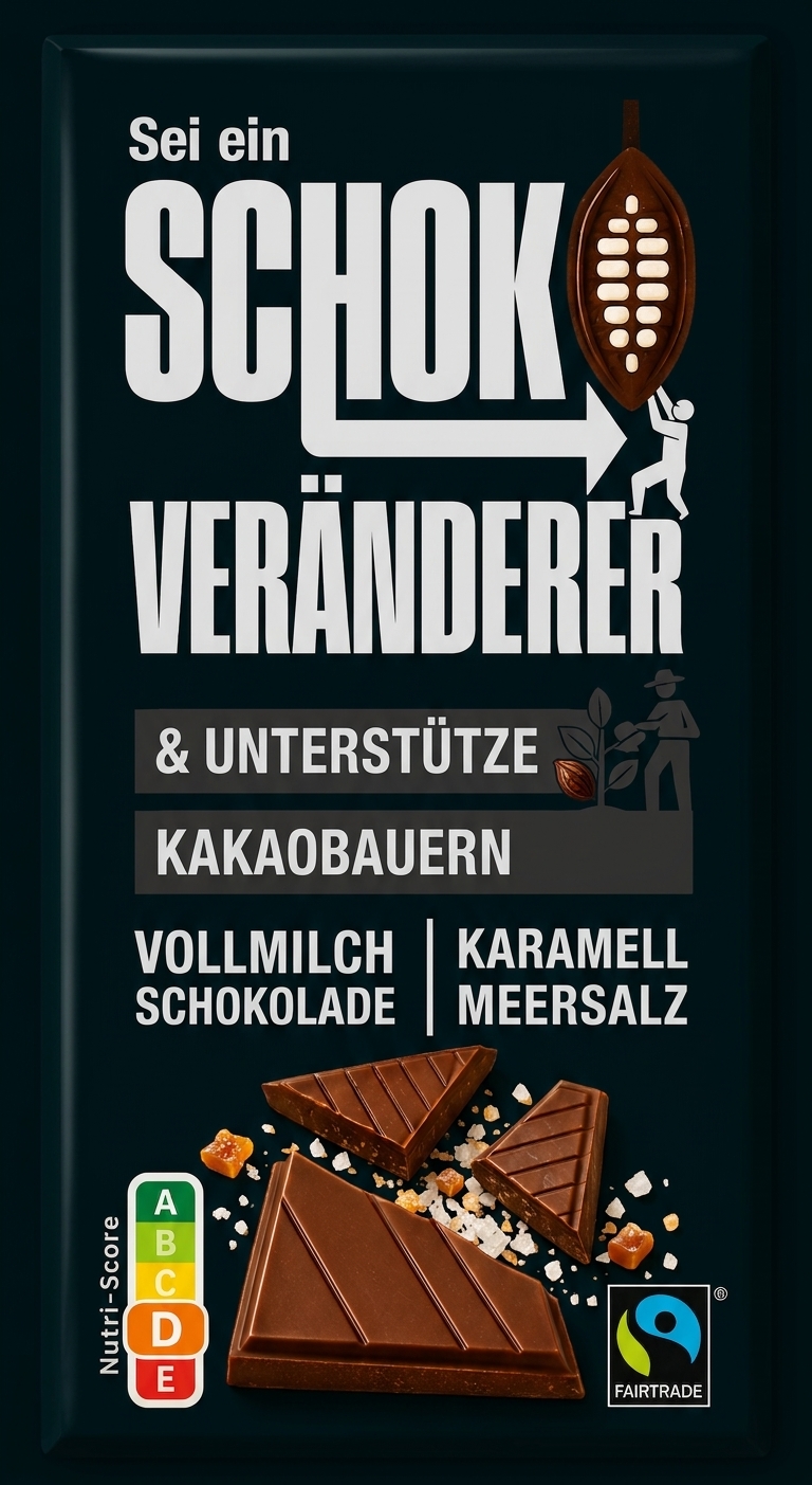 Schokoladenverpackung mit Aufschrift "Sei ein Schokoveränderer", Vollmilch Karamell-Meersalz, Fairtrade-Logo