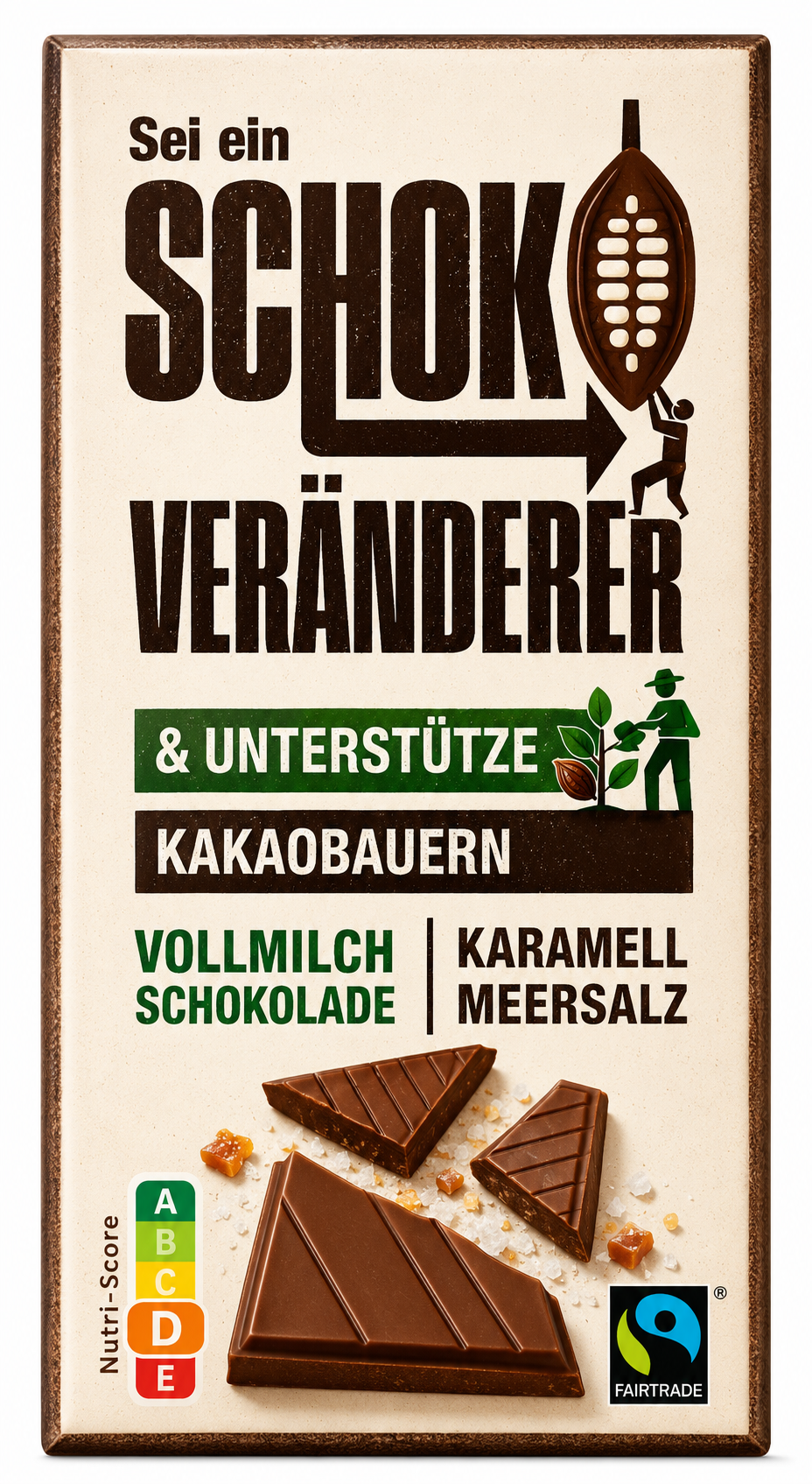 Schokoladenverpackung mit Aufschrift "Sei ein Schokoveränderer", Vollmilch Karamell-Meersalz, Fairtrade-Logo