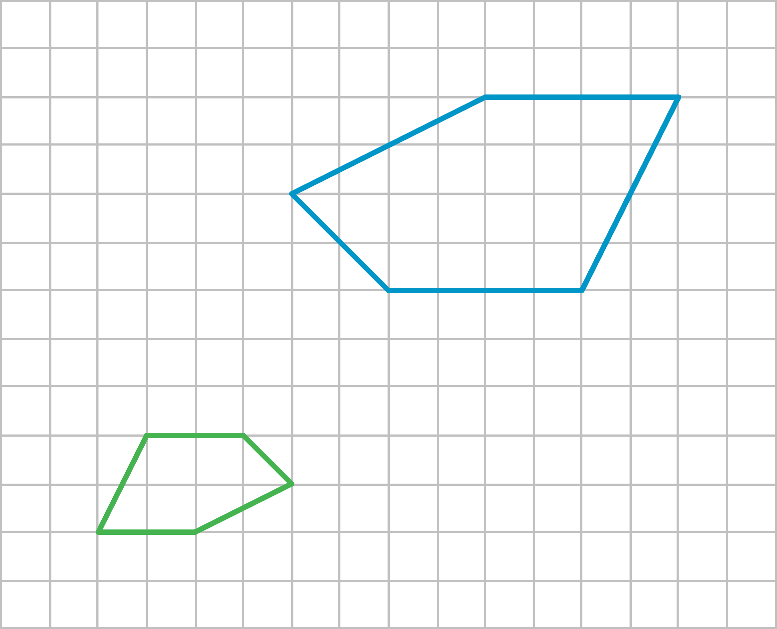 Zwei geometrische Formen auf einem Gitterhintergrund, eine grün und eine blau umrandet.