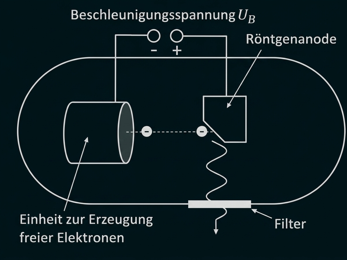 Schematische Röntgenröhre mit Elektronenquelle, Beschleunigungsspannung, Röntgenanode und Filter