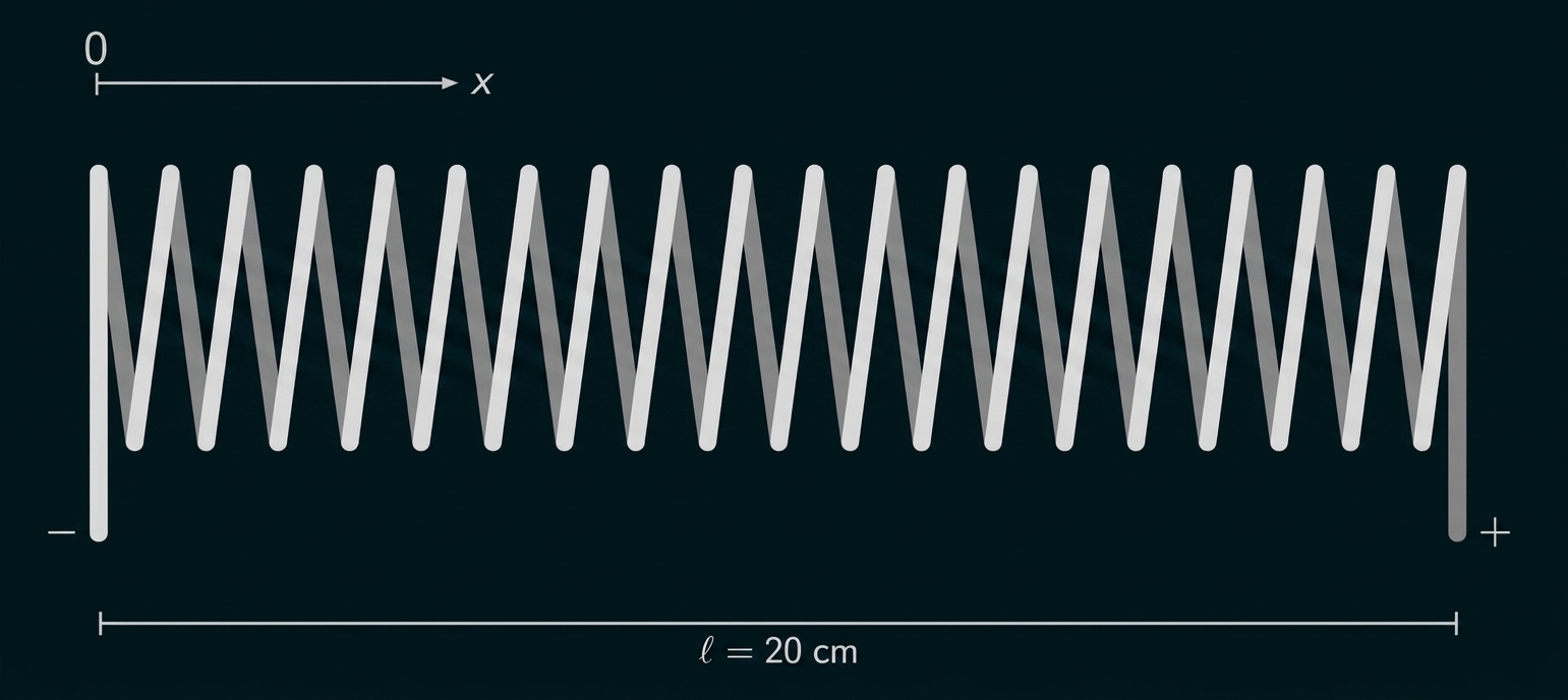 Zickzackförmige Feder zwischen zwei Stangen, ausgezogen auf Länge l = 20 cm.