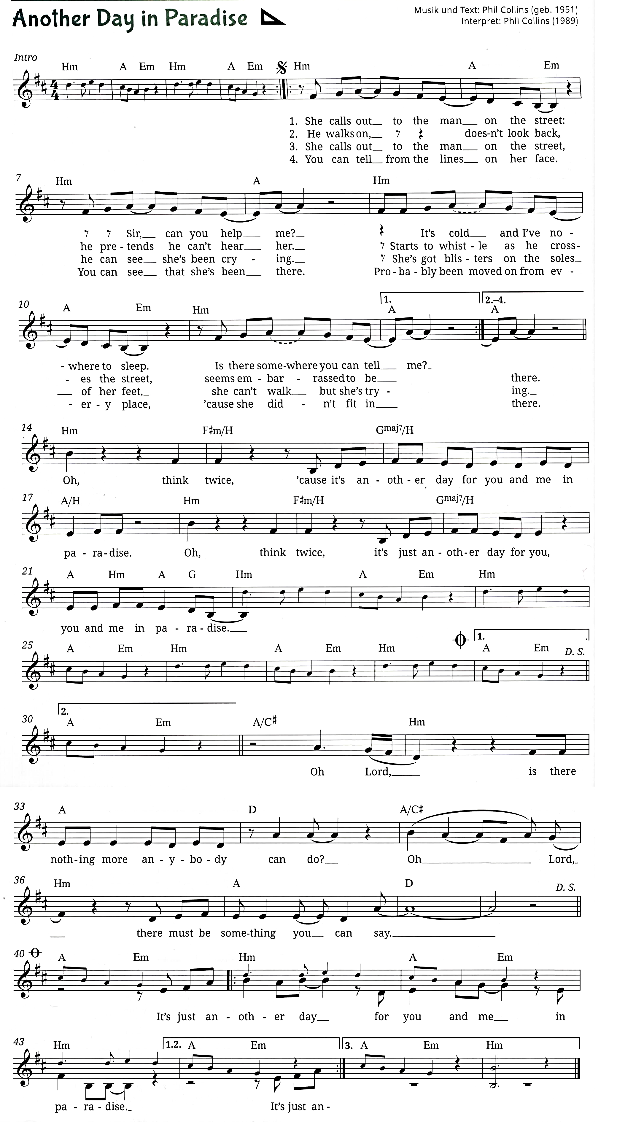 Notenblatt der Melodie Another Day in Paradise, mit Notenzeilen, Akkordsymbolen und Liedtext.