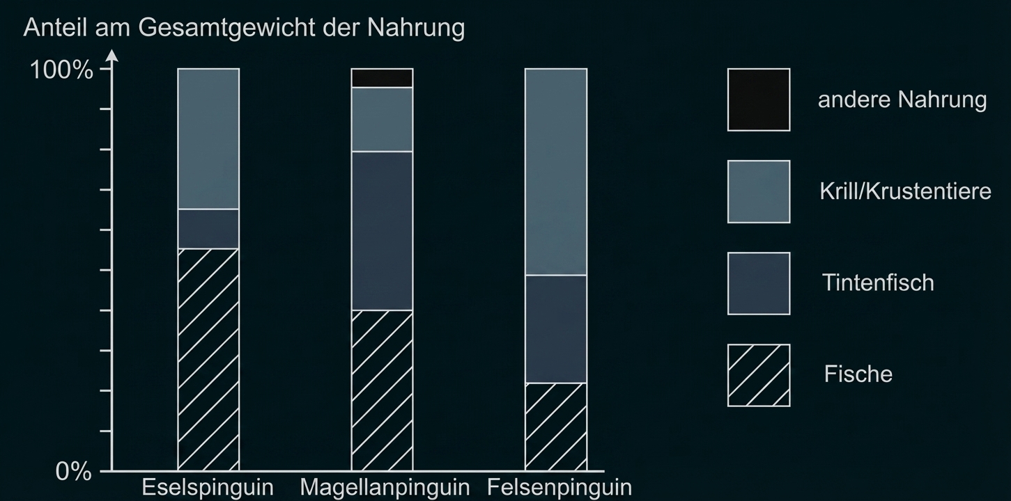 Balkendiagramm der Nahrungsanteile (Fische, Tintenfisch, Krill, andere) für Esel-, Magellan- und Felsenpinguin.