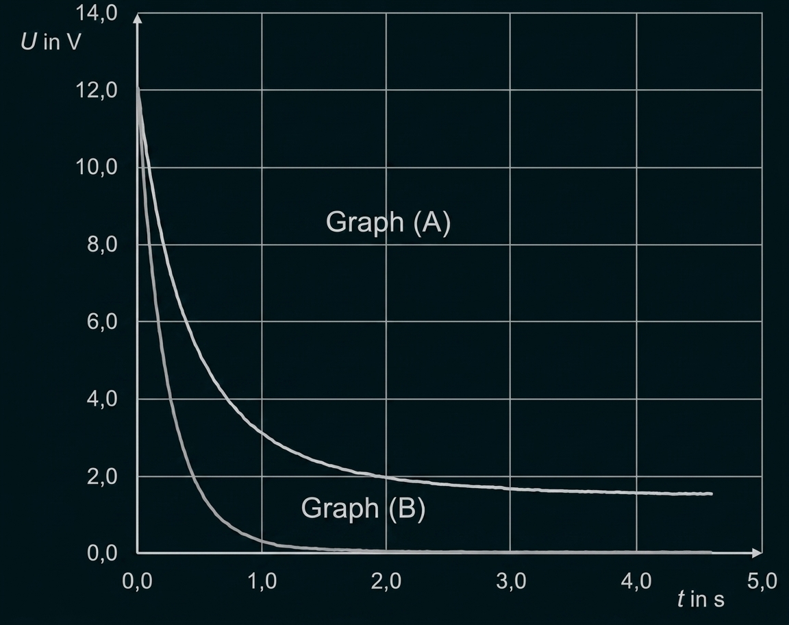 Diagramm mit zwei abklingenden Spannungsverläufen (Graph A, Graph B) über die Zeit; Achsenbeschriftungen U in V, t in s.