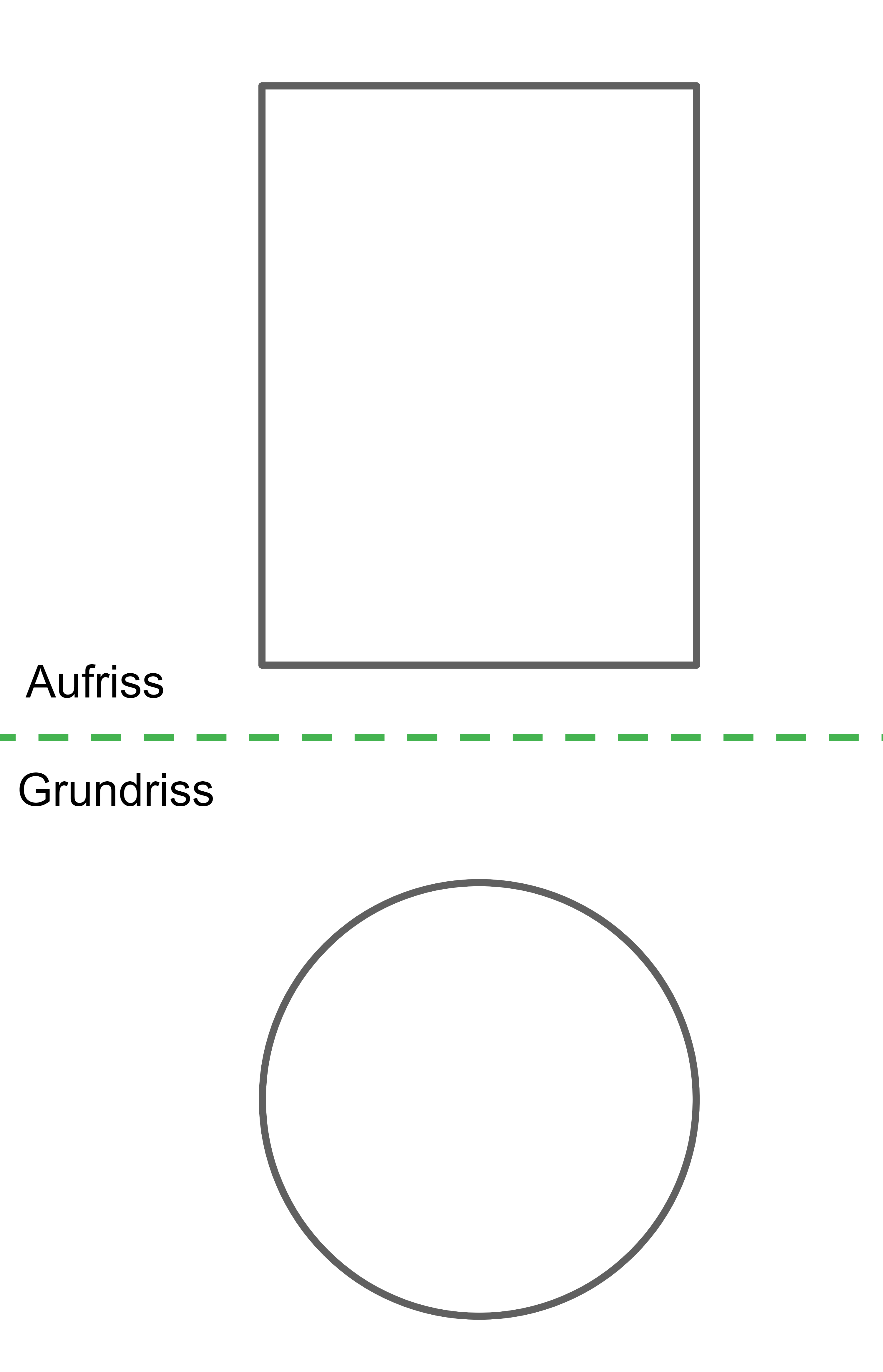 Skizze eines Aufrisses und Grundrisses mit einem Rechteck und einem Kreis.