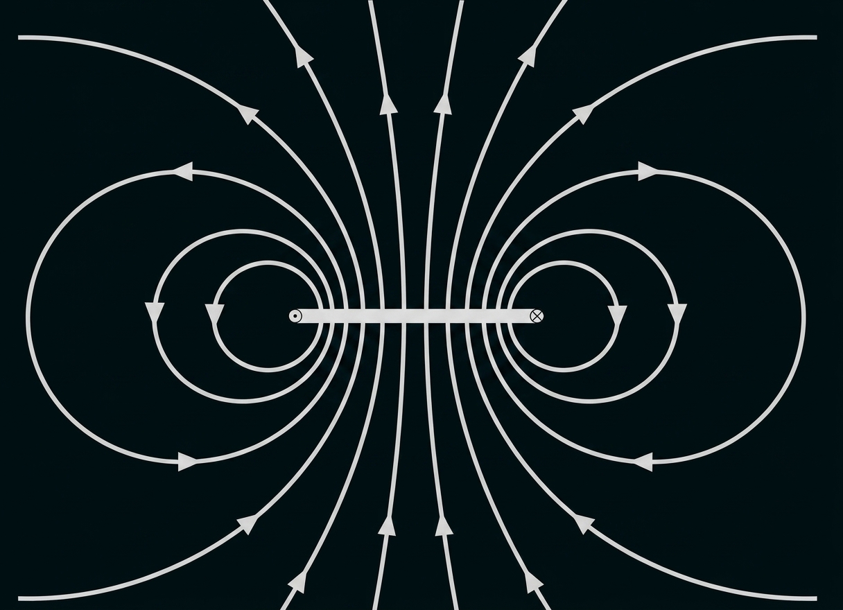 Schematische Darstellung von Magnetfeldlinien um einen Stabmagneten mit Pfeilen