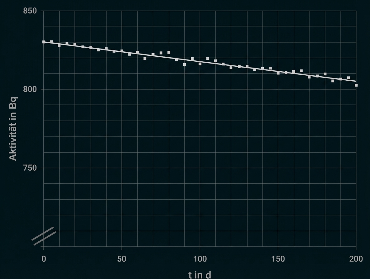 Diagramm: leicht fallende Aktivität (Bq) über 200 Tage, Messpunkte und Trendlinie