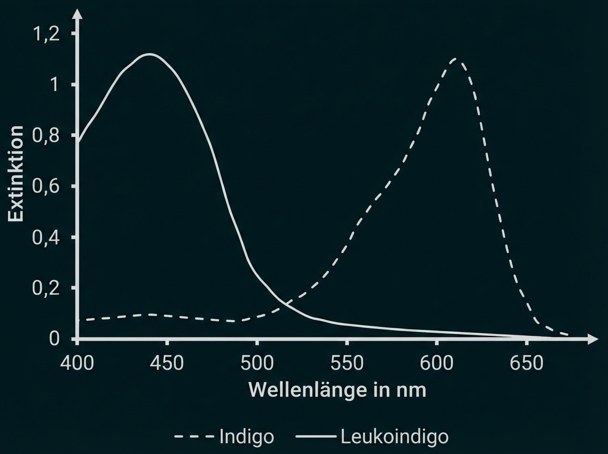 Diagramm mit Extinktion gegen Wellenlänge und zwei Kurven: gestrichelt Indigo, durchgezogen Leukoindigo.