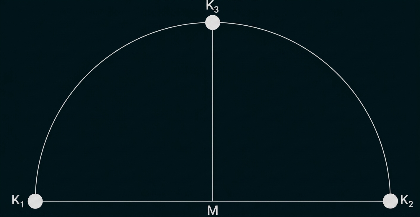 Halbkreis über K1–K2, Mittelpunkt M, oberer Punkt K3 und senkrechte Linie