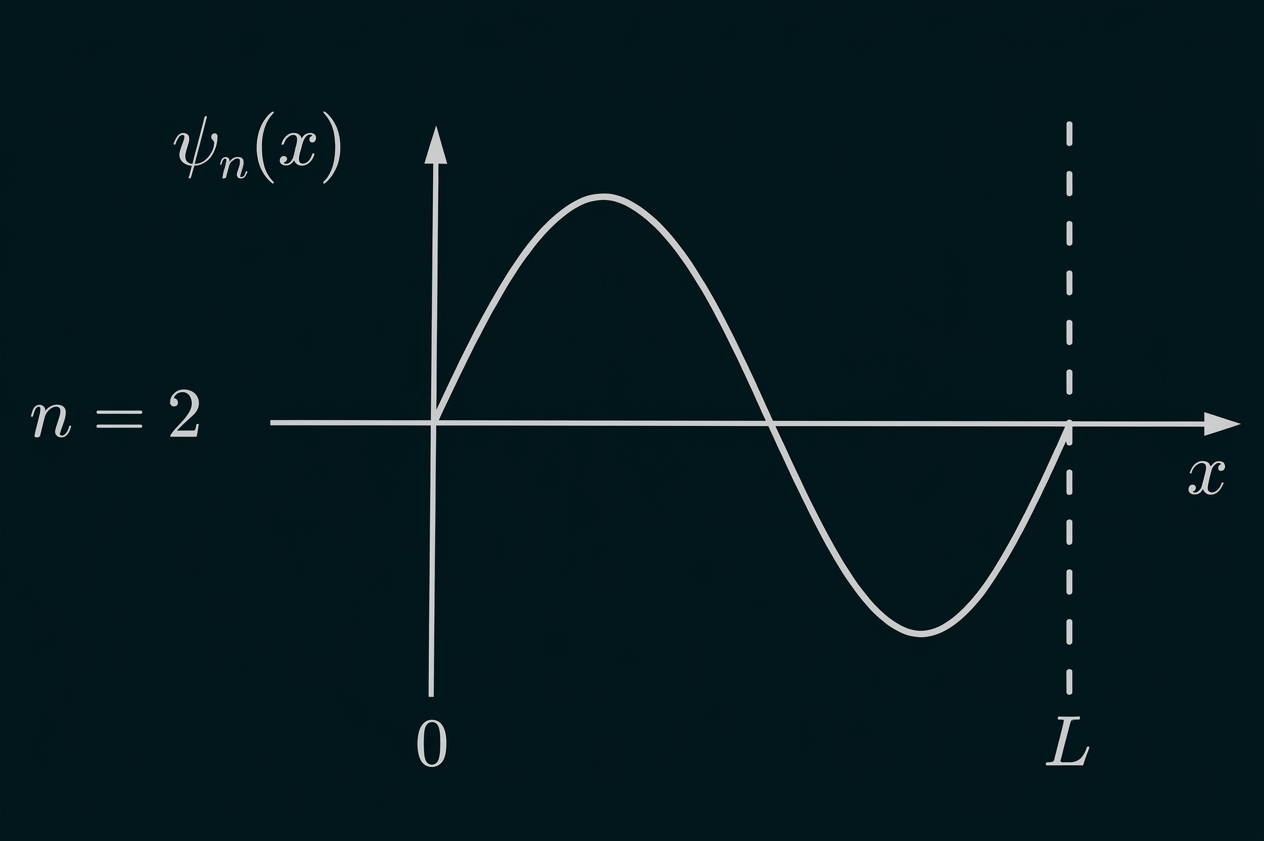 Plot einer Wellenfunktion ψ_n(x) für n=2, mit positiver Spitze und negativem Minimum, Achsen und gestrichelter Linie bei x=L.