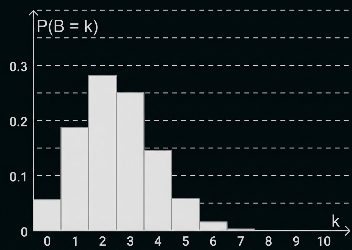 Balkendiagramm P(B=k) von k=0 bis 10, höchste Wahrscheinlichkeiten bei k=2 und k=3, danach zu beiden Seiten abnehmend.