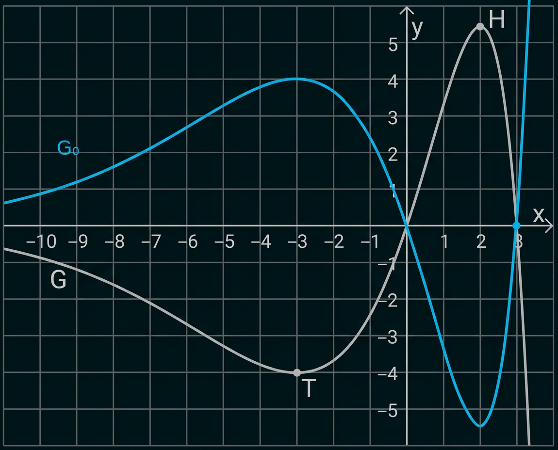 Koordinatensystem mit zwei Kurven: G₀ (blau) und G (schwarz), mit den markierten Punkten T, H und B.