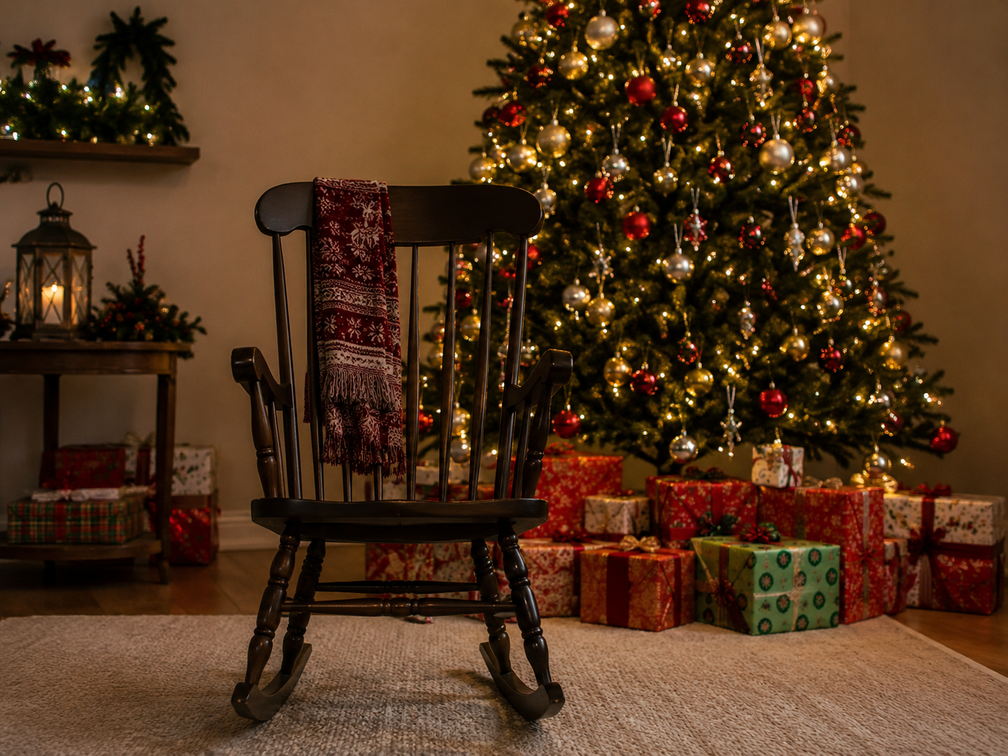 Weihnachtszimmer mit beleuchtetem Baum, Geschenken und einem Schaukelstuhl mit roter Decke
