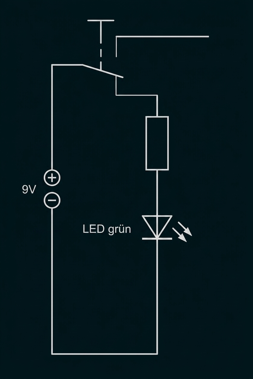Schaltplan mit 9V-Batterie, Schalter, Widerstand und grünem LED-Licht.