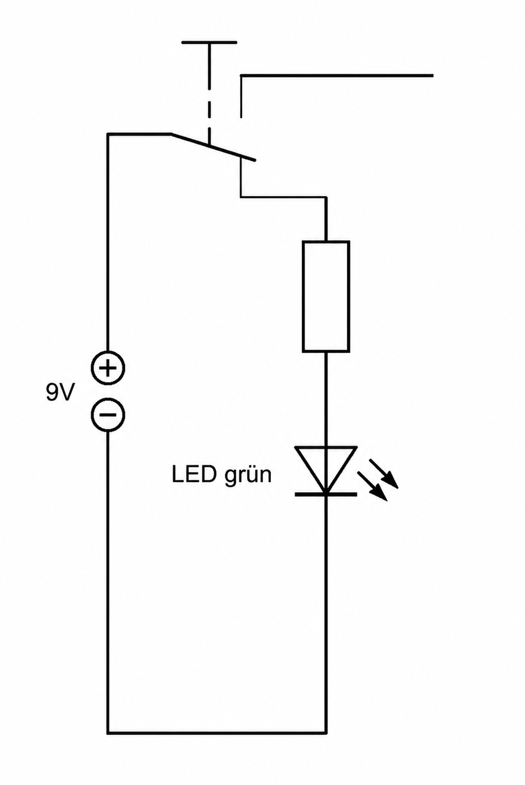 Schaltplan mit 9V-Batterie, Schalter, Widerstand und grünem LED-Licht.