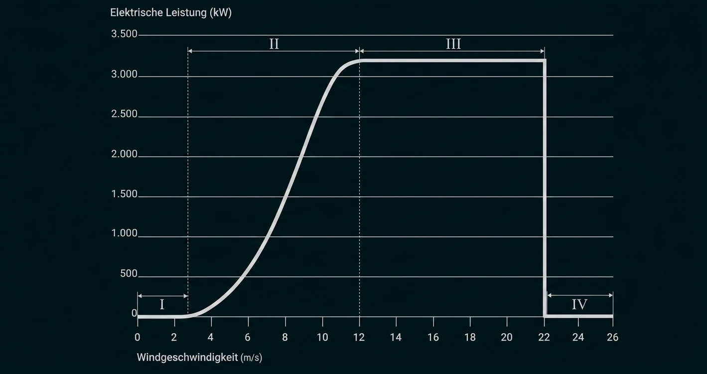 Diagramm der elektrischen Leistung einer Windkraftanlage in Abhängigkeit von der Windgeschwindigkeit.