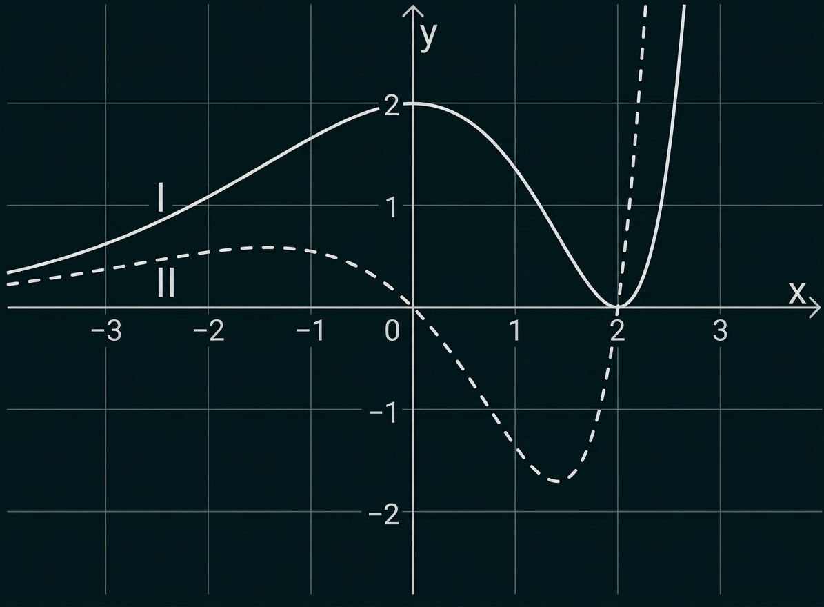 Koordinatensystem mit zwei Kurven: eine durchgezogene und eine gestrichelte, die sich bei x = 2 auf der x-Achse treffen.
