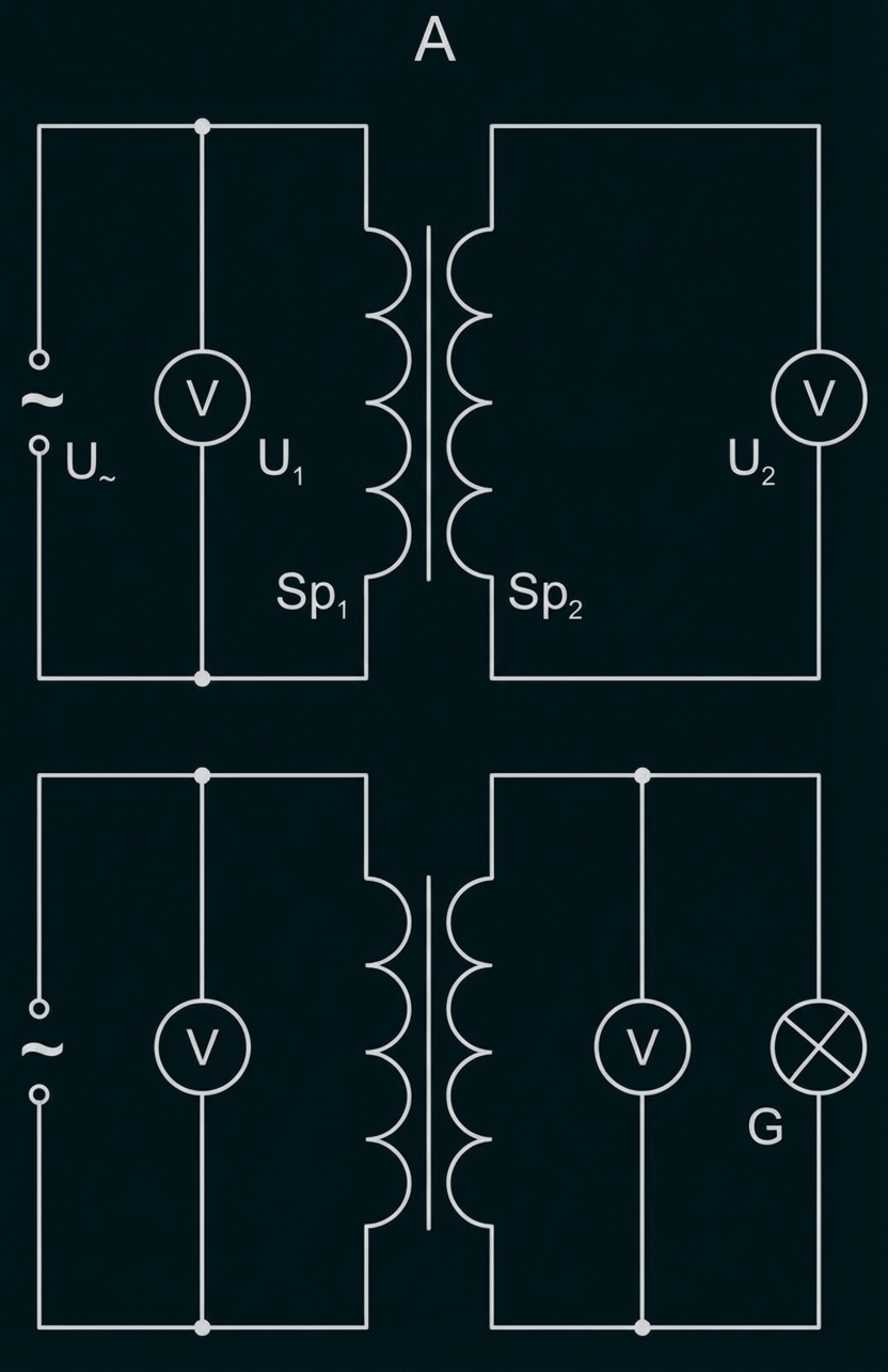 Schematische Darstellung eines Transformators mit Primär-/Sekundärwicklung, Voltmetern und Kontrolllampe