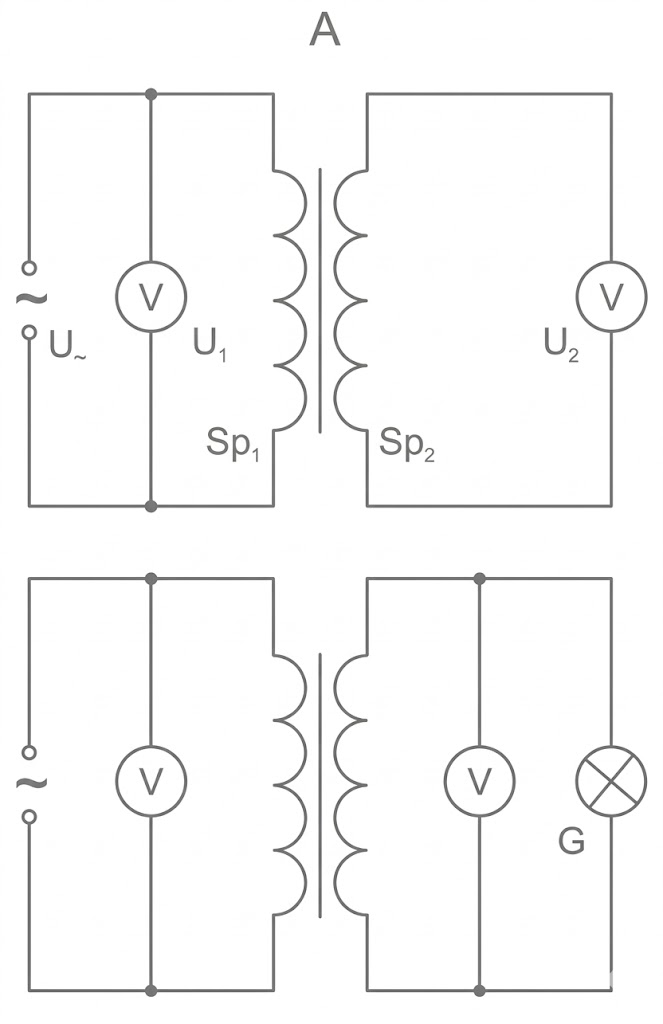 Schematische Darstellung eines Transformators mit Primär-/Sekundärwicklung, Voltmetern und Kontrolllampe