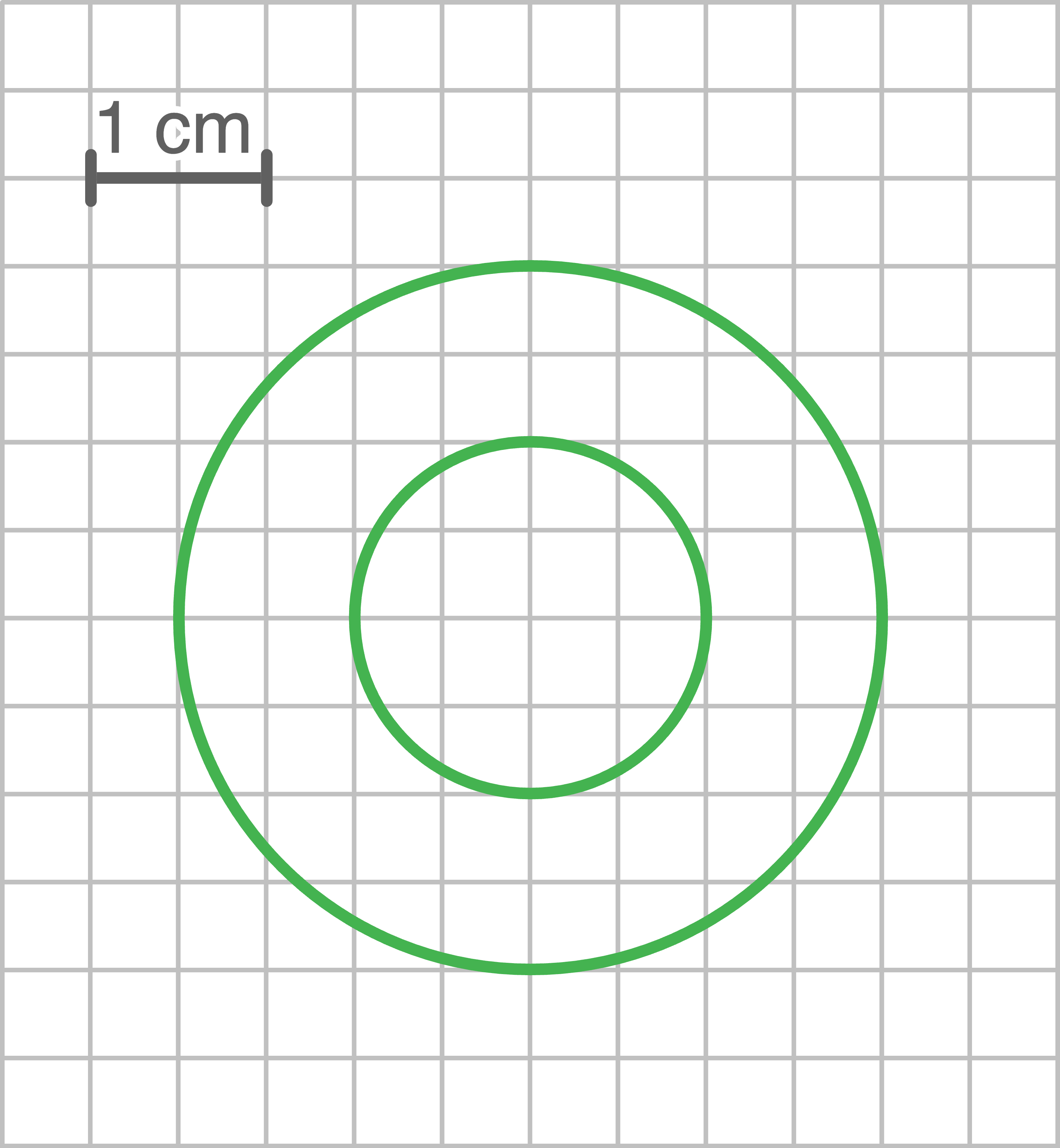 Grünes Kreismuster auf kariertem Hintergrund mit Maßstab von 1 cm.