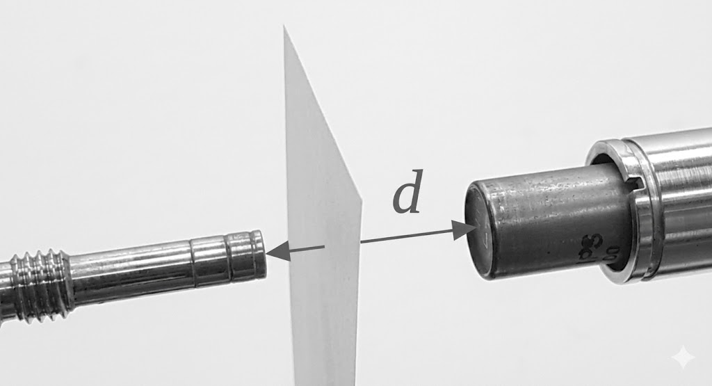 Zwei Metallstifte links und rechts einer dünnen Platte, Pfeil mit "d" zeigt den Abstand.