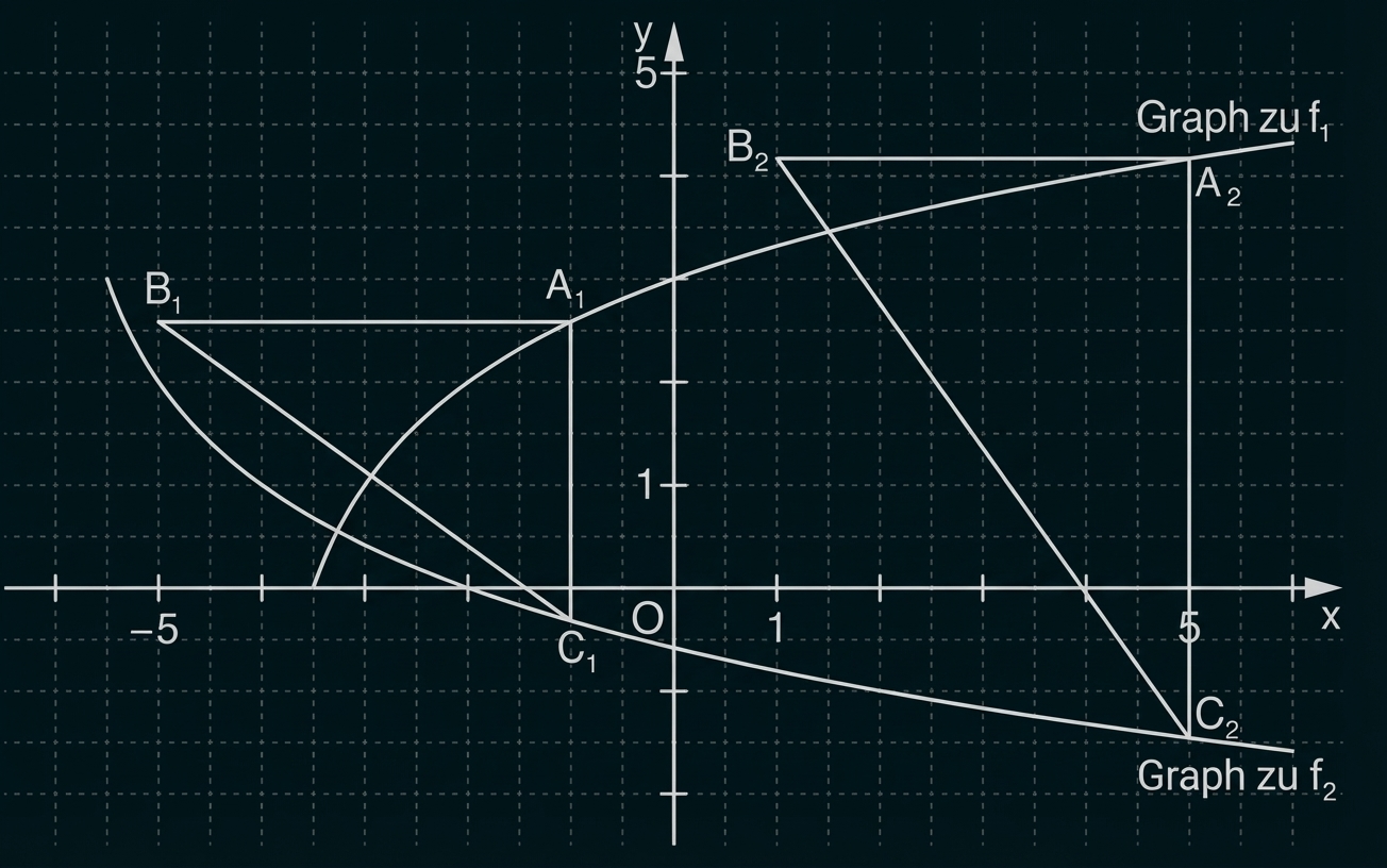 Gitterdiagramm mit x- und y-Achse, zwei Kurven (f1, f2) und markierten Punkten A1, B1, C1 sowie A2, B2, C2.