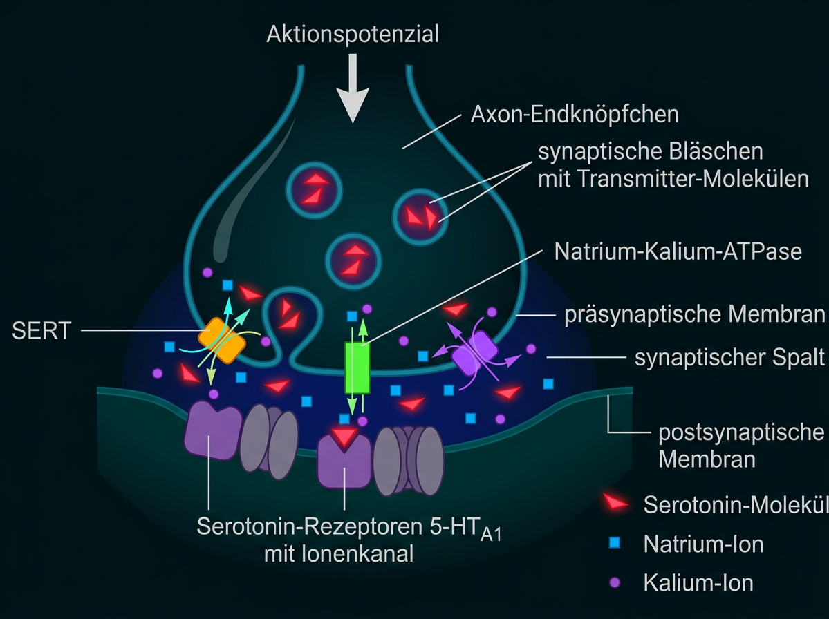 Schematische Darstellung einer serotonergen Synapse mit Transmittern, Rezeptoren und Ionenkanälen.