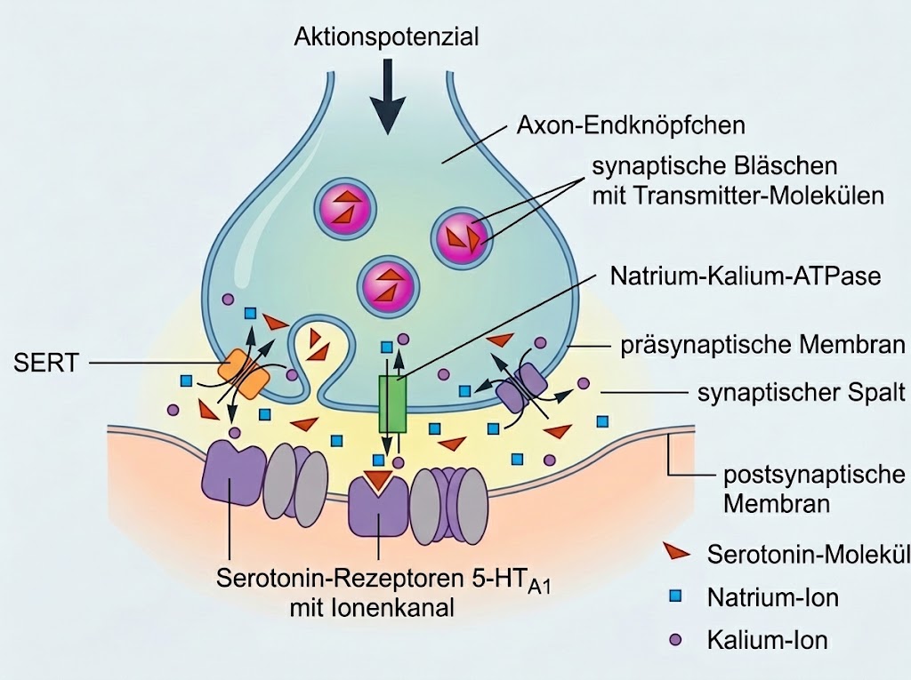 Schematische Darstellung einer serotonergen Synapse mit Transmittern, Rezeptoren und Ionenkanälen.