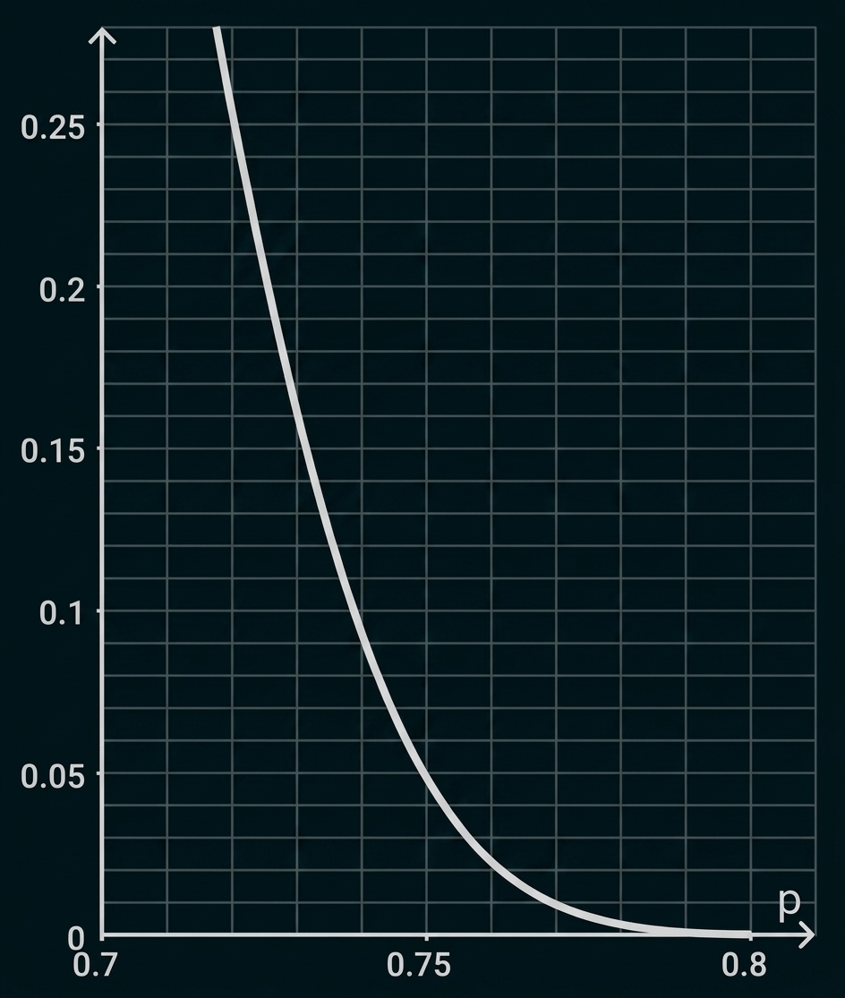 Diagramm mit Gitternetz und einer stark fallenden Kurve von p≈0,7 bis 0,8; y-Achse von 0 bis 0,25.