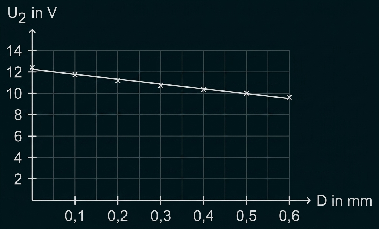 Diagramm: fallende Messreihe (Kreuze) mit Linie, U2 in V gegen D in mm
