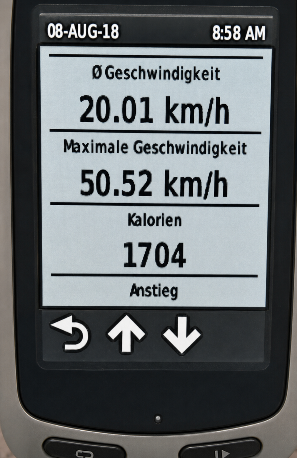 Koloriertes Foto eines Fahrradcomputers. Das Display zeigt die Geschwindigkeit 20,01 km/h, die maximale Geschwindigkeit 50,52 km/h, 1704 Kalorien und die Anzeige Anstieg.