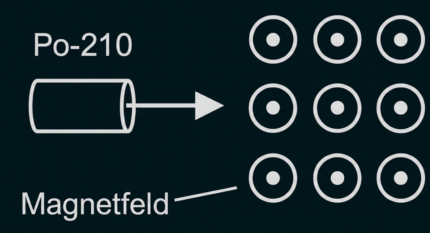 Schematische Darstellung eines Rohrmagneten mit Magnetfeldlinien und Markierung Po-210.