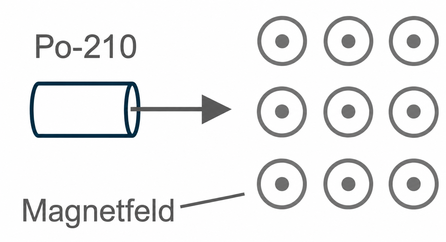 Schematische Darstellung eines Rohrmagneten mit Magnetfeldlinien und Markierung Po-210.