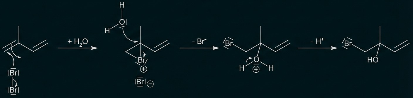 Mechanismus-Skizze: HBr-Addition an Alken, Bromonium-Zwischenstufe, Wasserangriff und Bildung eines Alkohols