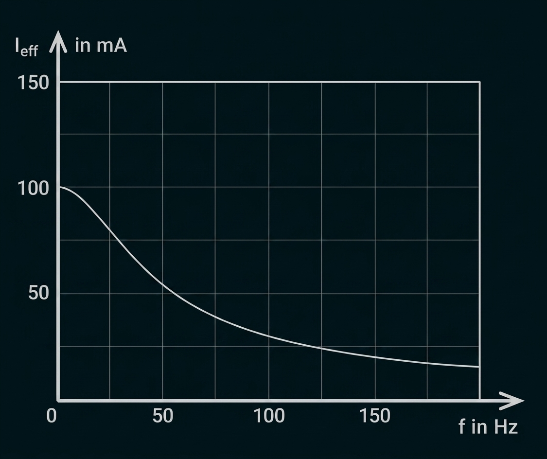 Diagramm mit abfallender Kurve: Ieff (mA) sinkt von ~100 mA bei 0 Hz auf ~20 mA bei 200 Hz; Achsen: Ieff in mA, f in Hz
