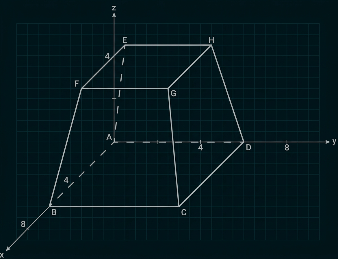 Schräg dargestelltes geometrisches Prisma ABCDEFGH in einem dreidimensionalen Koordinatensystem.