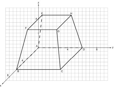 Schräg dargestelltes geometrisches Prisma ABCDEFGH in einem dreidimensionalen Koordinatensystem.