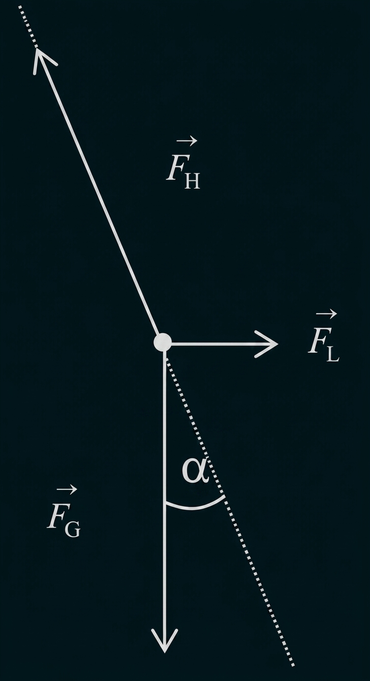 Kraftdiagramm: Punkt mit drei Kraftpfeilen (FH oben-links, FL rechts, FG unten) und gestrichelter Linie mit Winkel α.